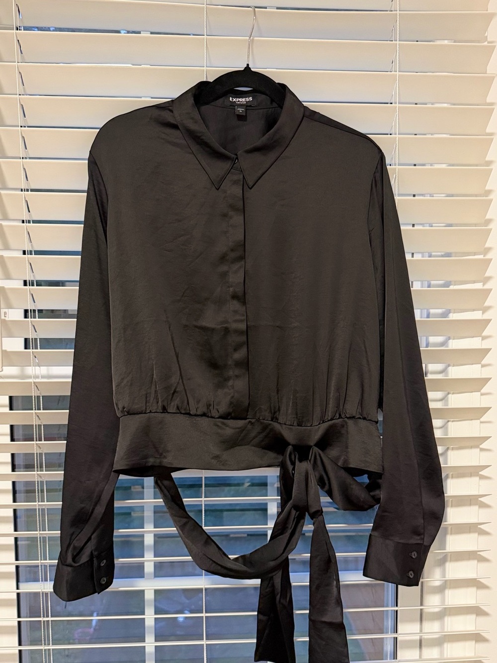 Express Black Satin Tie-Waist Button Down Shirt